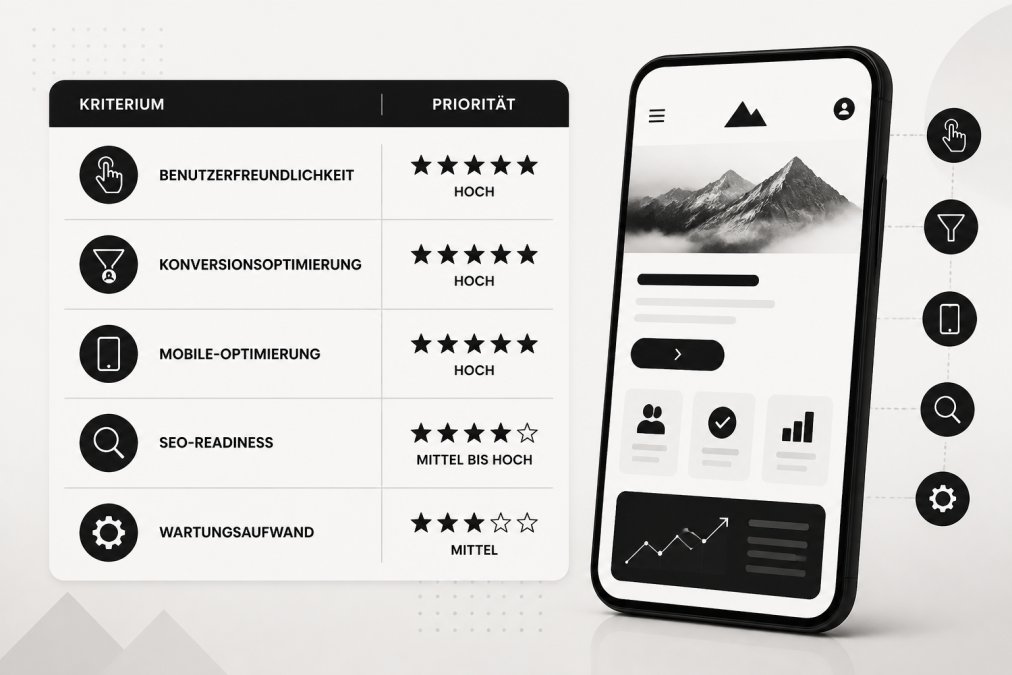 Vergleichsmatrix mit fünf Kernkriterien für KMU-Webdesign: Benutzerfreundlichkeit (hohe Priorität), Konversionsoptimierung (hohe Priorität), Mobile-Optimierung (hohe Priorität), SEO-Readiness (mittlere bis hohe Priorität), Wartungsaufwand (mittlere Priorität)