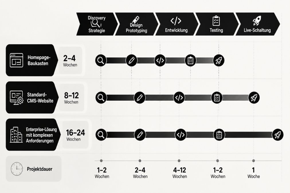 Projektdauer-Timeline mit vier Projekttypen: Homepage-Baukasten (2-4 Wochen), Standard-CMS-Website (8-12 Wochen), Enterprise-Lösung mit komplexen Anforderungen (16-24 Wochen), mit Phasen Discovery/Strategie, Design/Prototyping, Entwicklung, Testing, Live-Schaltung