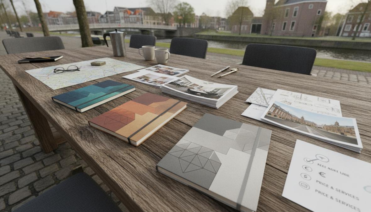 Ondernemer zittend aan bureau met laptop, notities over webdesign-criteria en een kopje koffie, werkend aan projectplanning