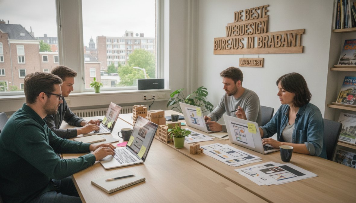 Team van webdesigners werkend aan laptops in moderne kantooromgeving in Brabant, met website designs zichtbaar op meerdere schermen en whiteboards vol concepten