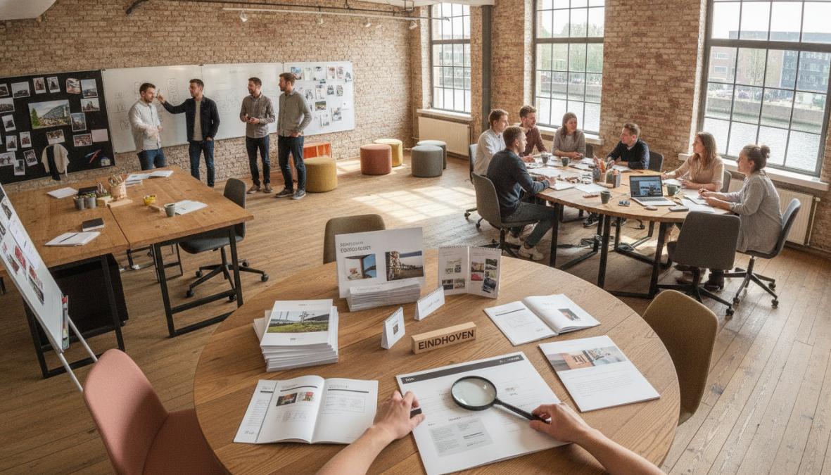 Team van webdesigners en developers werken samen aan een website project in een modern kantoor in Eindhoven, met laptops en design mockups zichtbaar op de werkplekken