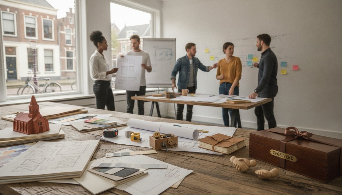 Webdesigner aan het werk op een moderne laptop met design mockups, notities en koffie op het bureau in een lichte kantooromgeving