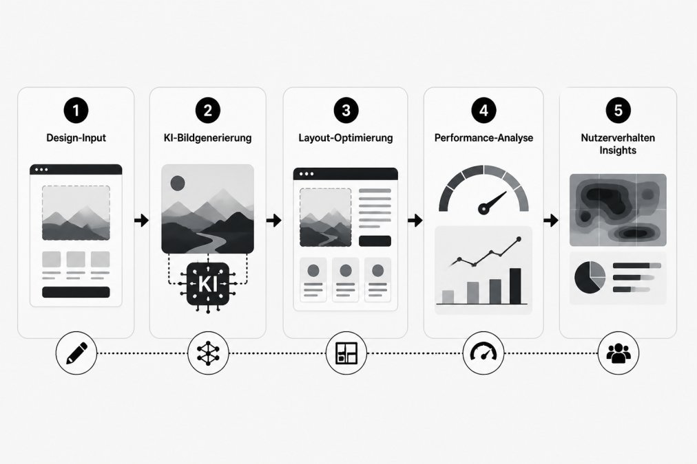 Flowchart showing AI integration in web design workflow: Design input → AI image generation → Layout optimization → Performance analysis → User behavior insights