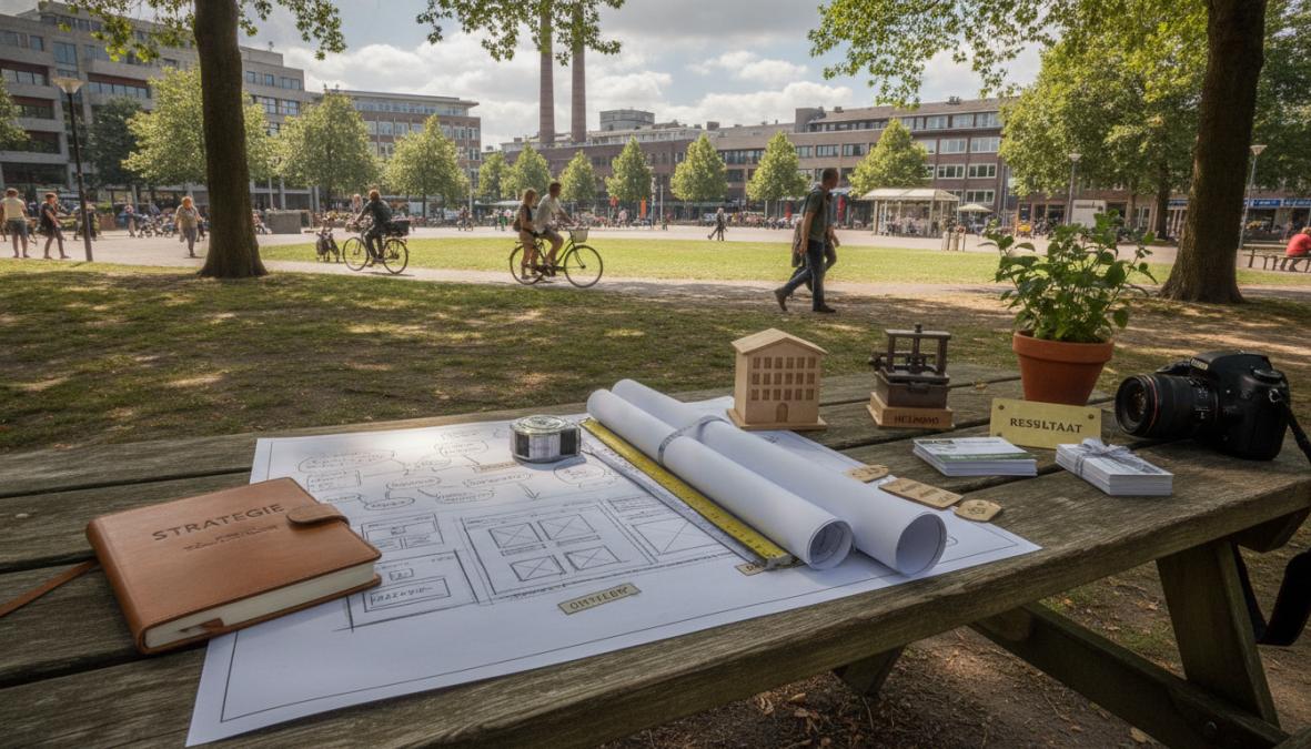Webdesigner zittend aan bureau met laptop waarop een website-ontwerp zichtbaar is, notities en koffie op het bureau, professionele kantooromgeving met natuurlijk licht