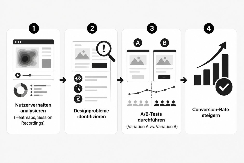 Flowchart zeigt vier Schritte in Boxen verbunden mit Pfeilen: Box 1 "Nutzerverhalten analysieren (Heatmaps, Session Recordings)" → Box 2 "Designprobleme identifizieren" → Box 3 "A/B-Tests durchführen (Variation A vs. Variation B)" → Box 4 "Conversion-Rate steigern". Moderne, minimalistische Grafik in Schwarz-Weiß.