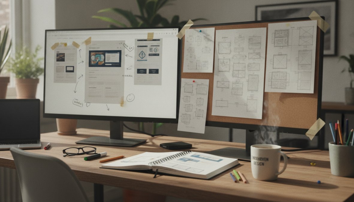Webdesigner Eindhoven aan het werk op een bureau met twee schermen vol website designs, notities en een kopje koffie.