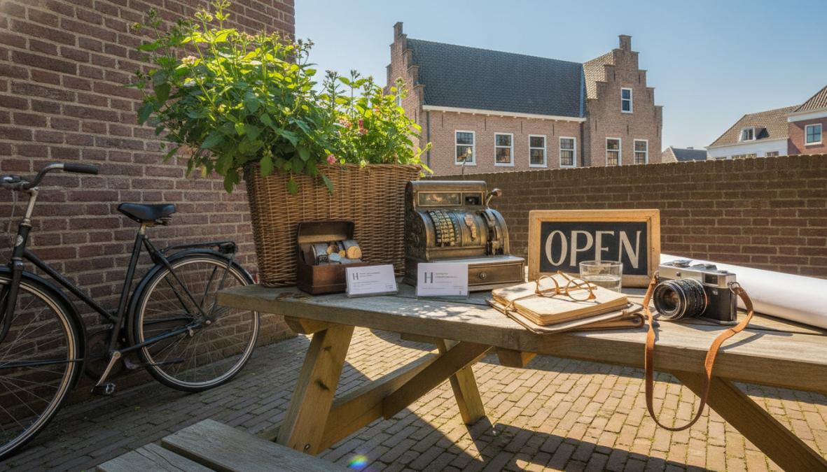 Ondernemer zittend aan bureau, kijkend naar laptop scherm met website analytics en groeigrafieken zichtbaar, modern kantoor setting met natuurlijk licht