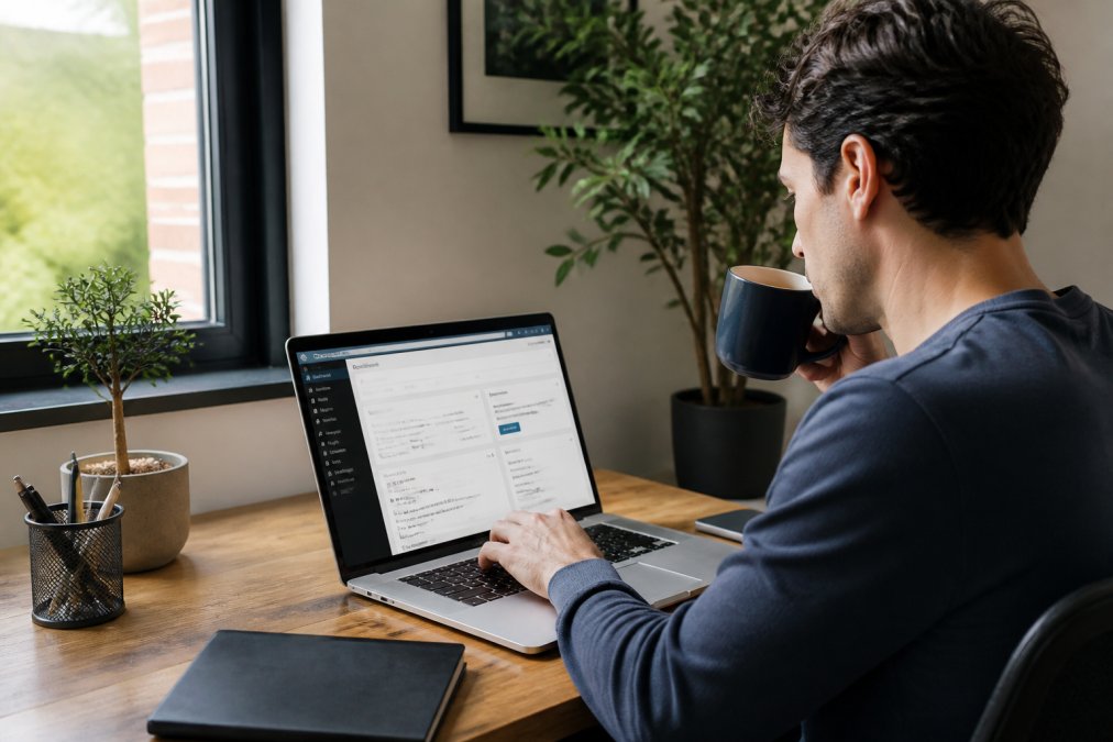Een jonge ondernemer achter een laptop met een kop koffie, met op het scherm een WordPress-dashboard, in een lichte thuiswerkplek