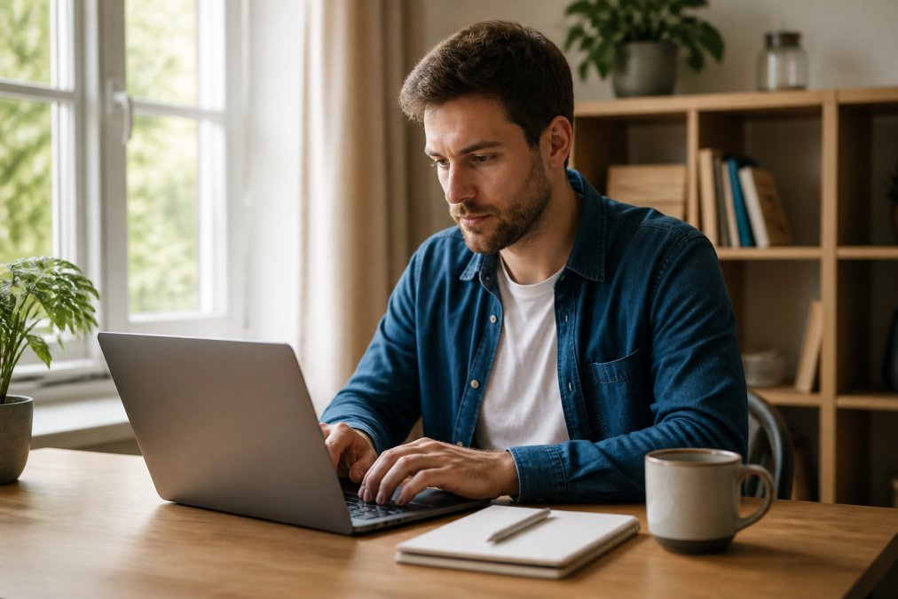 Anfänger sitzt konzentriert vor einem Laptop und arbeitet an der WordPress-Einrichtung, Notizblock und Kaffeetasse auf dem Schreibtisch, natürliche Fensterbeleuchtung