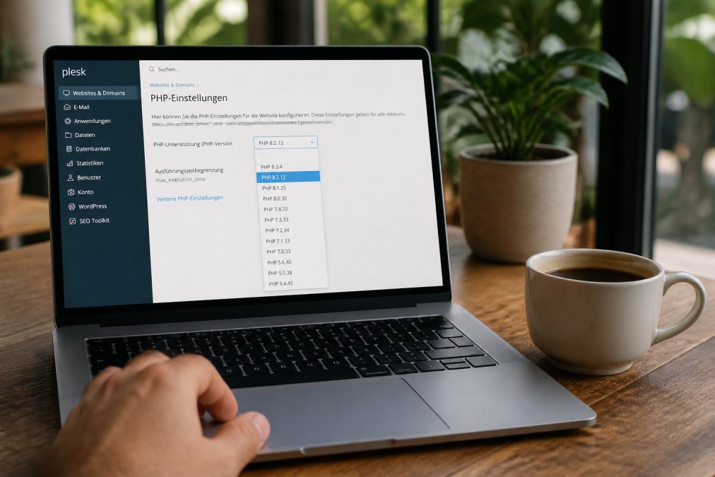 Laptop-Bildschirm mit Plesk-PHP-Einstellungen, um WordPress optimieren zu können, neben einer Tasse Kaffee.