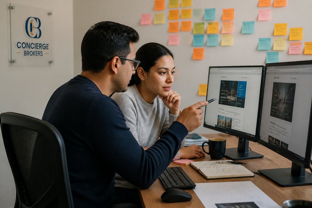 A developer and a QA specialist reviewing an accessibility audit report together at a desk with two monitors showing a website interface, sticky notes marking issues on the wall behind them