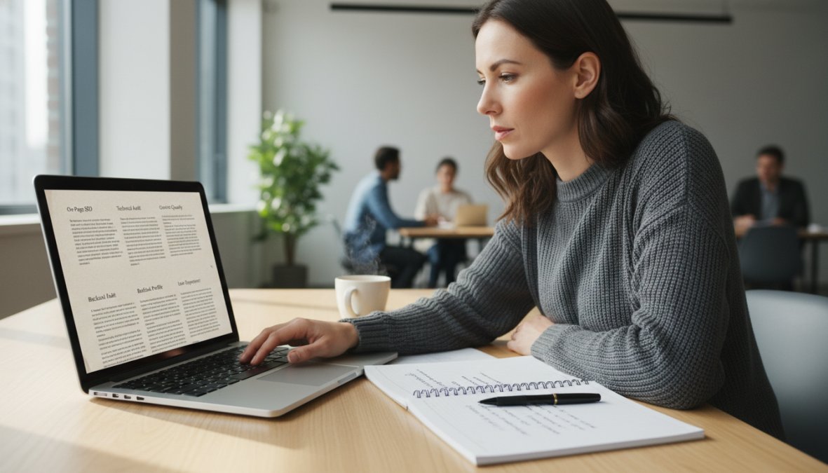 Website analyse gratis aanvragen: de complete gids 1 Een marketingprofessional zit aan een modern bureau en bekijkt een gedetailleerd websiterapport op een laptop, met een notitieboek vol handgeschreven actiepunten naast zich, in een lichte, professionele kantooromgeving