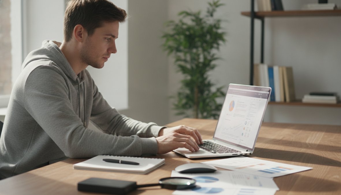 A young entrepreneur sitting at a desk with a laptop open showing a colorful web analytics dashboard, a notepad with handwritten notes beside them, bright natural light from a window in a modern home office