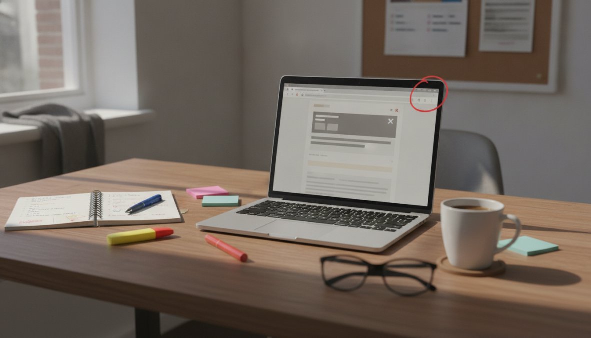 Close-up of hands typing on a laptop keyboard with a browser open showing a website analytics dashboard, a coffee mug and sticky notes visible on a clean wooden desk in warm morning light