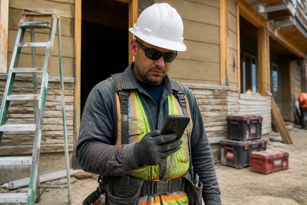 A contractor in work boots and a hard hat holding a rugged smartphone on an active residential construction site, with a ladder and toolboxes in the background