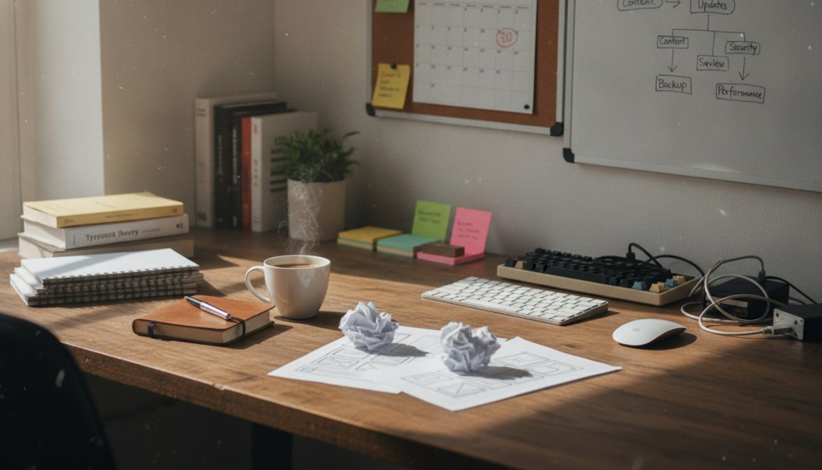 Webontwikkelaar aan het werk op bureau met meerdere monitoren, werkend aan website onderhoud en technische taken met toetsenbord en muis
