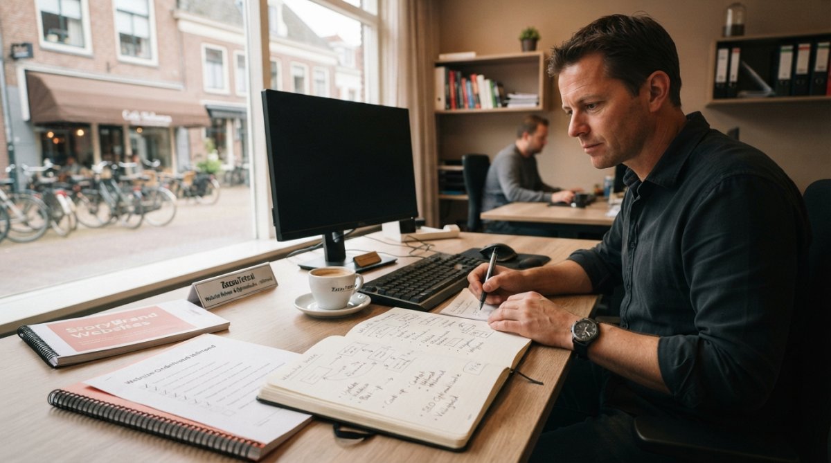 Helmondse ondernemer zit achter zijn bureau en controleert zijn website op een laptop, met een kopje koffie ernaast
