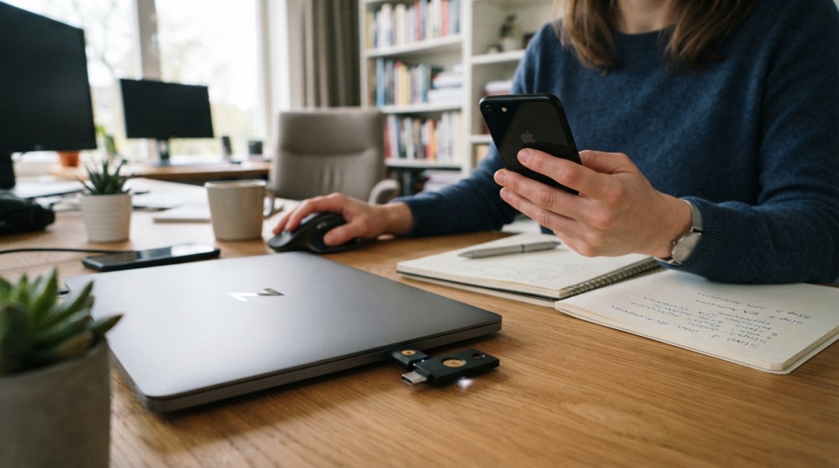 Close-up van een smartphone met twee-factor authenticatie-scherm en een laptop met WordPress-login op de achtergrond