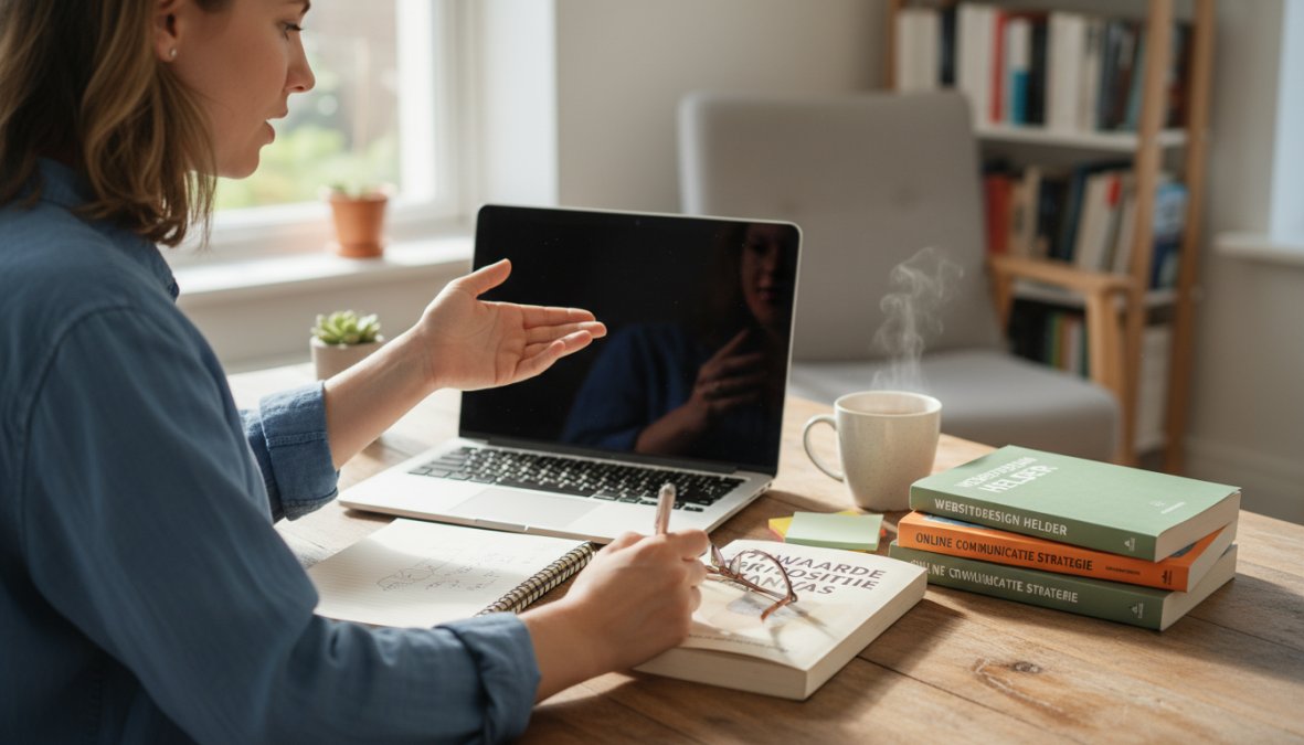Person sitting at a modern desk reviewing a website on a laptop screen, pointing at the hero section with a pen while handwritten notes fill a notepad beside the keyboard, warm focused lighting in a clean home office