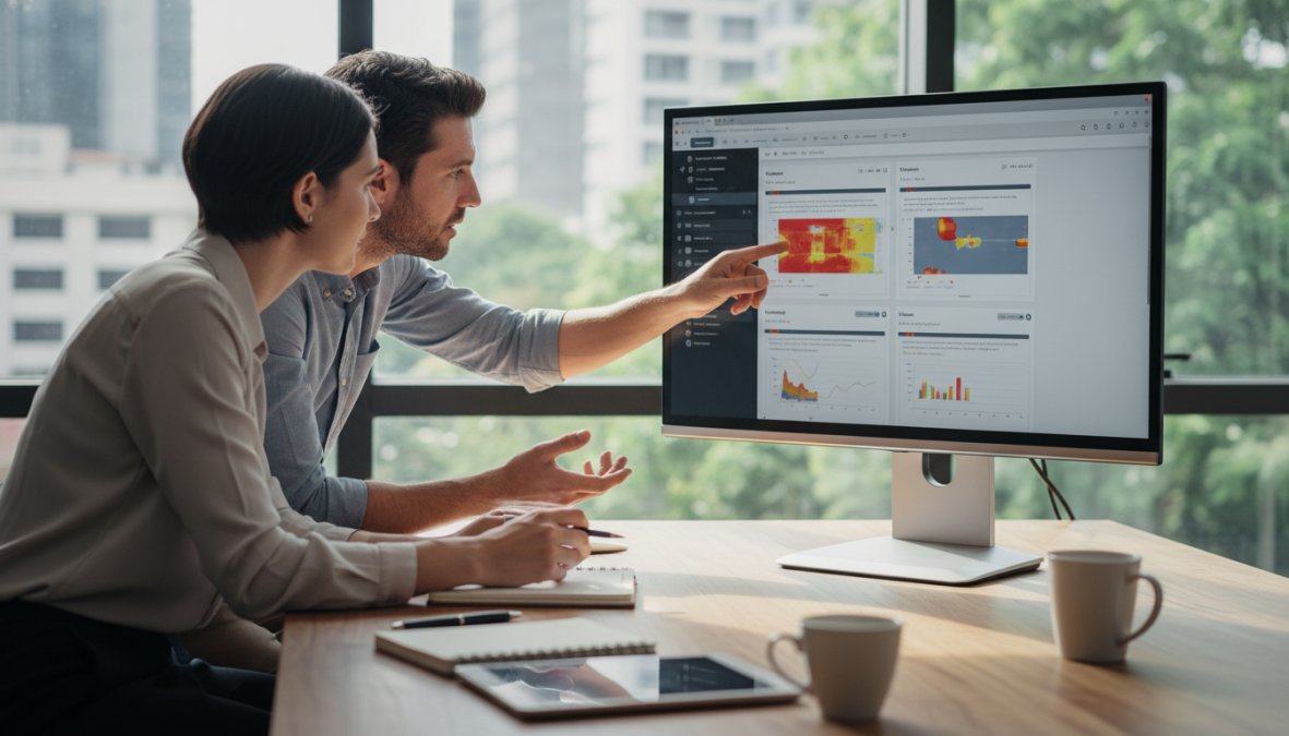 Two colleagues in a modern open office reviewing website heatmap data on a large monitor, one person pointing at a highlighted section on the screen while the other takes notes, natural daylight through tall windows