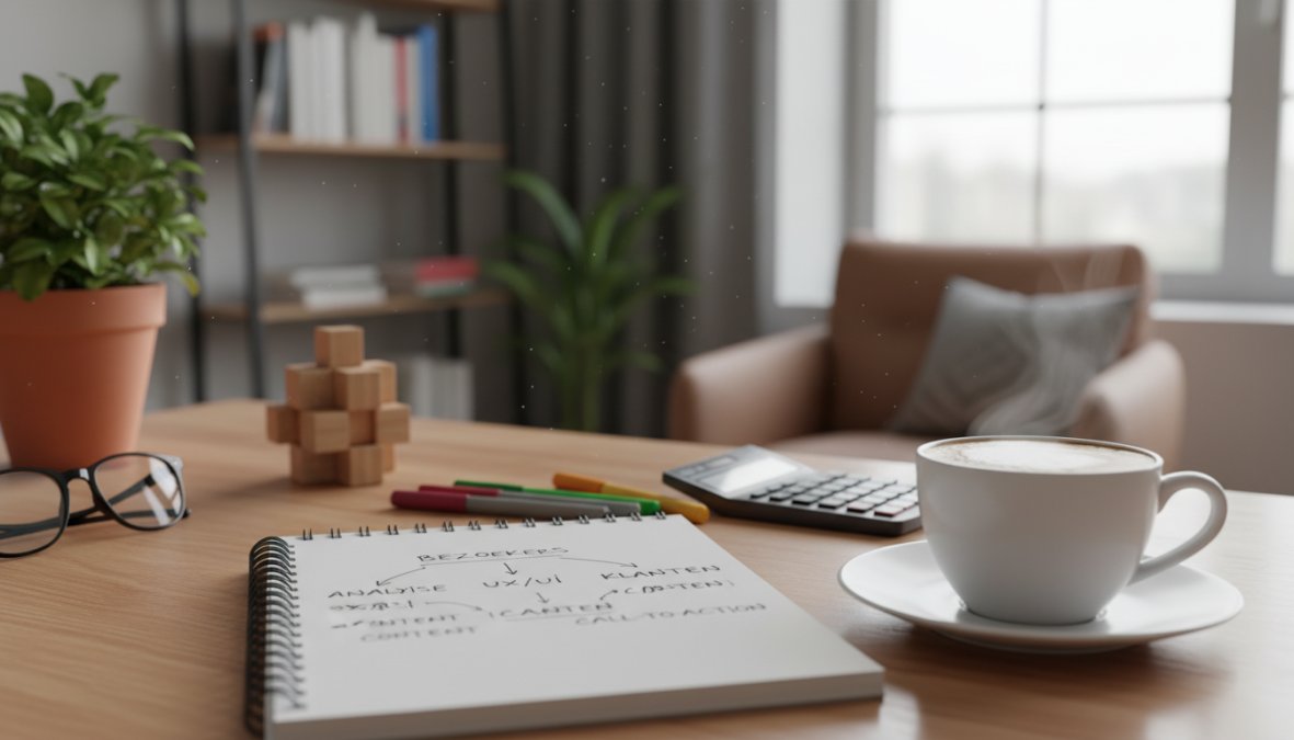 A business owner reviewing website analytics on a laptop at a clean modern desk, with a notepad and coffee nearby, looking focused and satisfied, warm natural office lighting