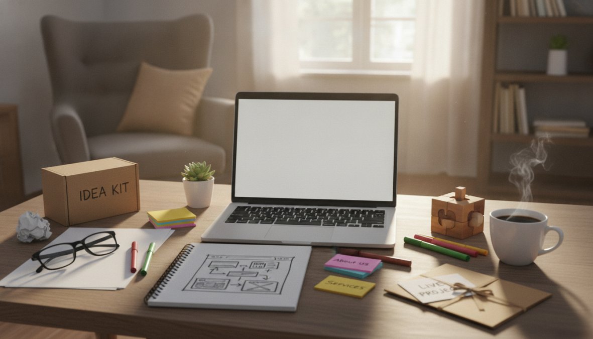 Small business owner sitting at a tidy wooden desk, smiling while designing a website on a laptop using a drag-and-drop interface, a coffee cup to the right, warm natural light from a nearby window