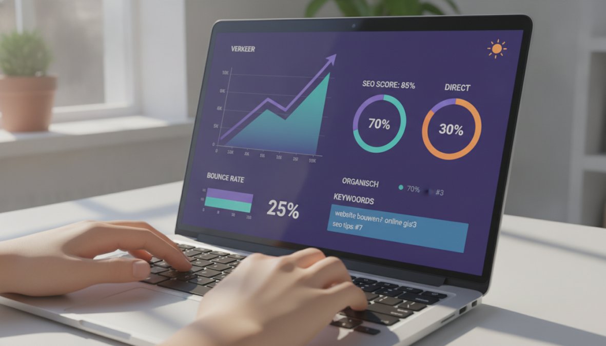 Close-up of hands typing on a laptop with a website analytics dashboard visible on screen, traffic data clearly visible on the page, soft natural light coming from a window to the left