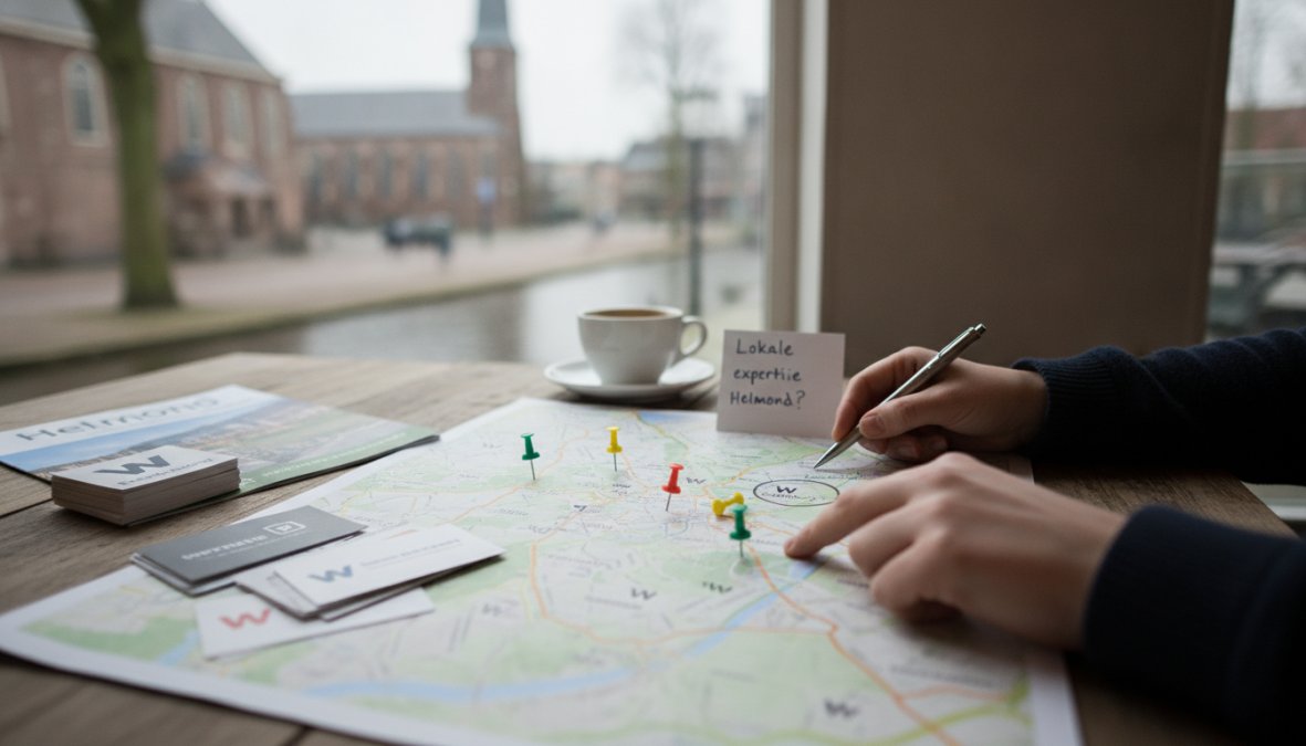 Lokale ondernemer in Helmond zittend aan bureau met laptop, besprekend met een webdesigner over website plannen en doelen