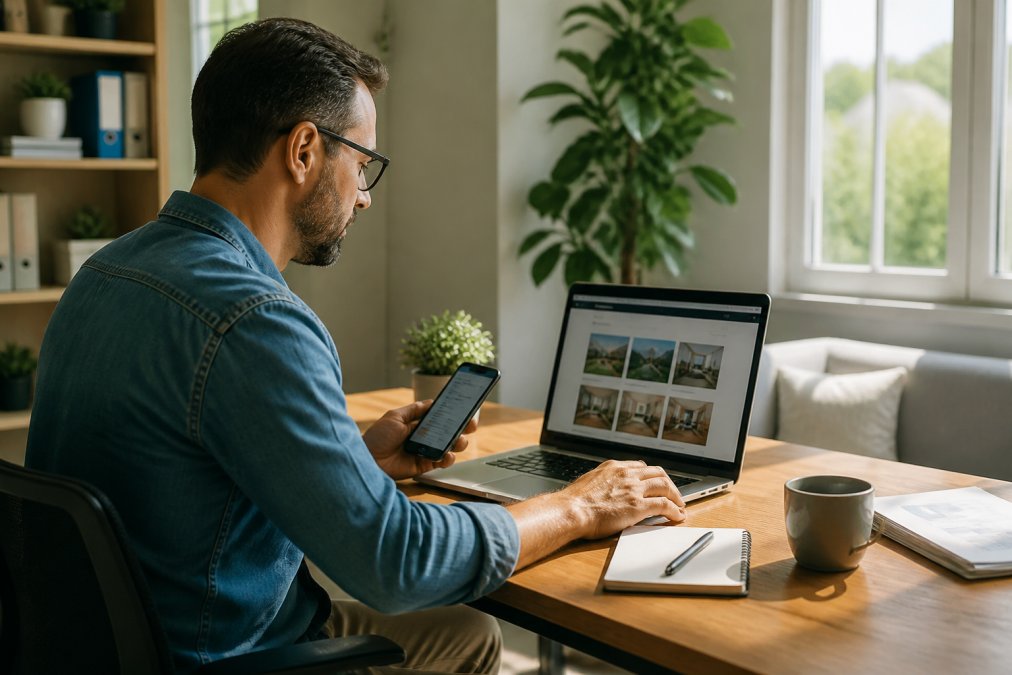 Small business owner working at a desk with laptop and smartphone, reviewing website analytics and customer inquiries on screen in natural morning light