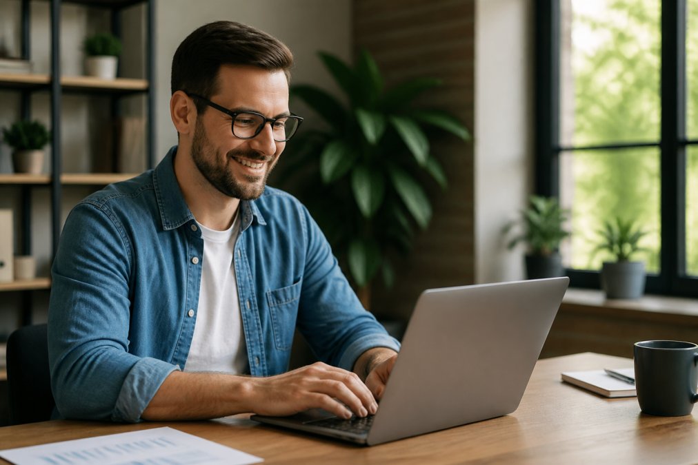 Professional at desk with laptop open to website builder interface, live chat support window visible on screen, natural office lighting streaming through window, satisfied expression while typing