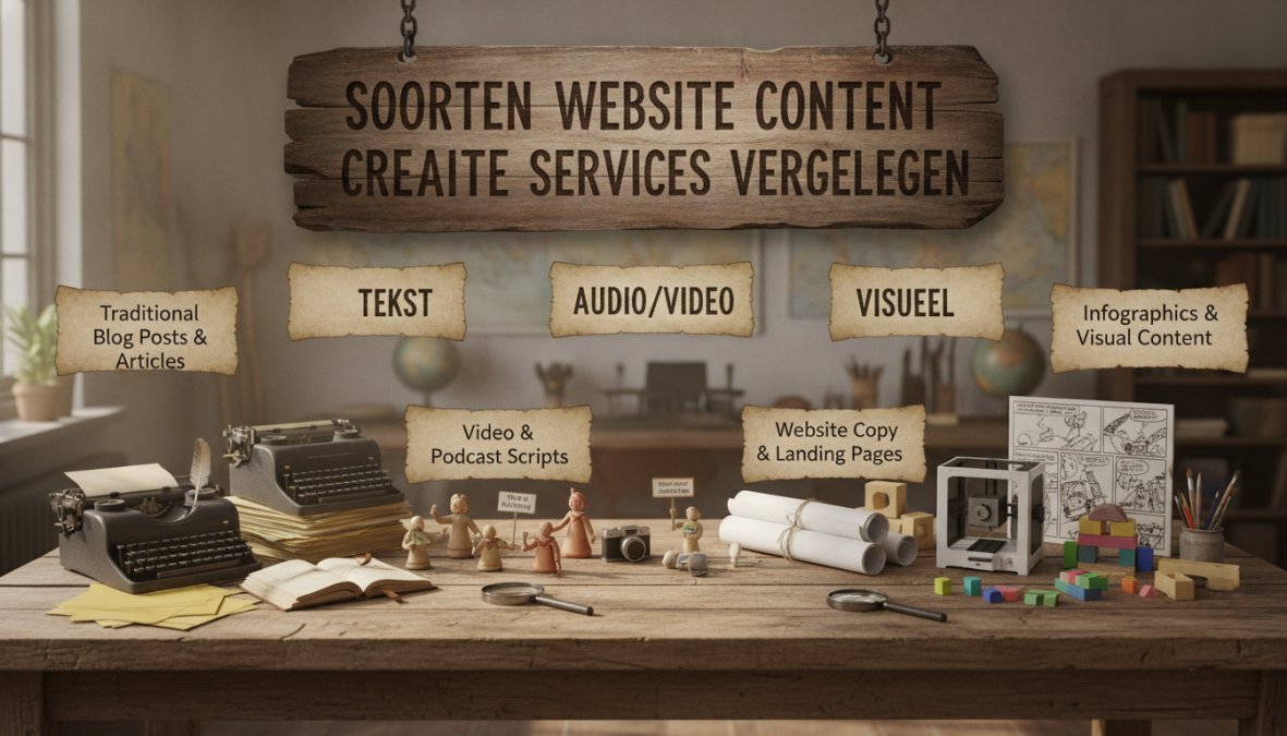 Een team van vier content creators zit samen rond een houten tafel in een licht, modern kantoor in Nederland, met laptops, notitieboeken en een groot whiteboard [met een](/bouw-vertrouwen-en-zichtbaarheid-met-een-portfolio/) content calendar erop, terwijl ze samenwerken aan een contentplan