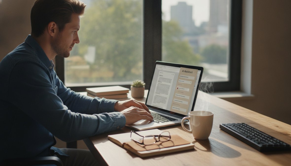 Een professionele schrijver zit aan een opgeruimd bureau en werkt op een laptop waarop een AI-schrijfinterface zichtbaar is, met een kop koffie en een opengeslagen notitieboek naast zich, in warm kantoorlicht