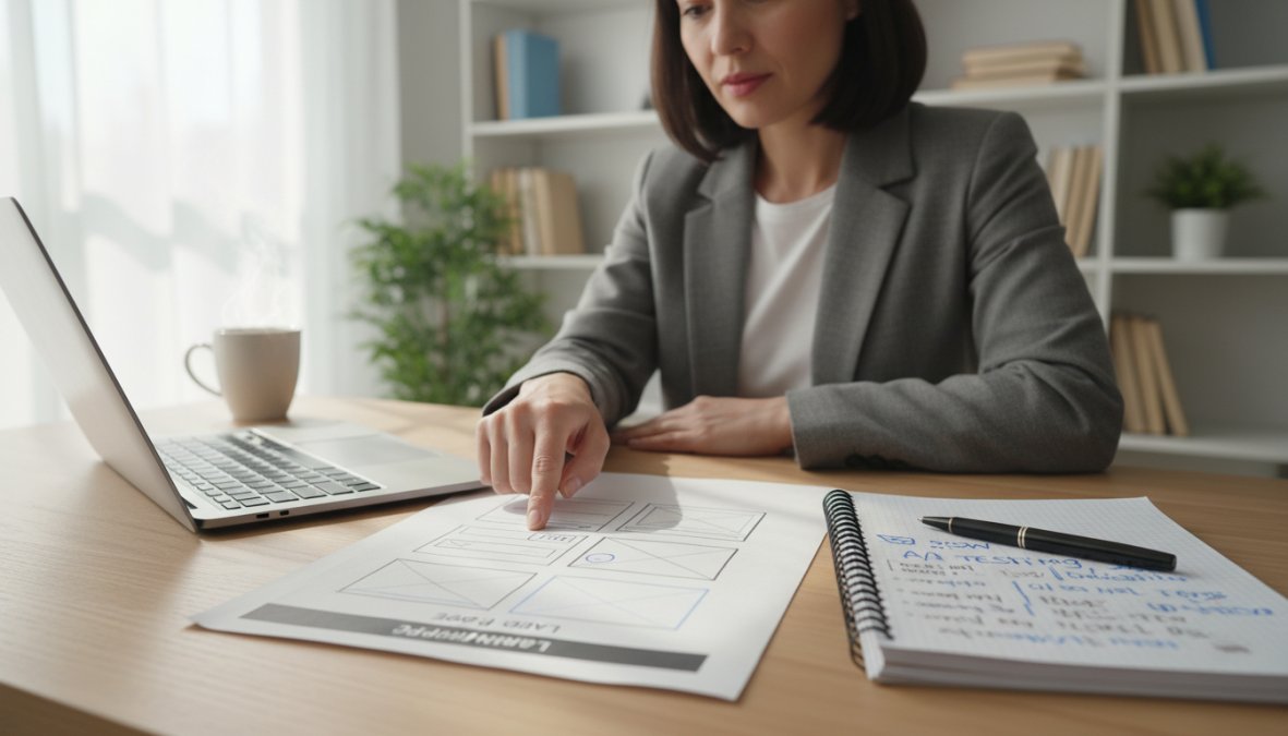 Marketingprofessional die een website bekijkt op een laptopscherm en met een pen elementen aanwijst op de pagina, met een notitieboek vol aantekeningen naast hem op een strak modern bureau