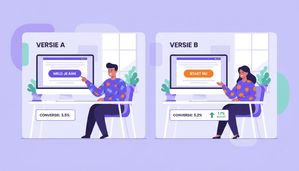Twee collega's die naast elkaar aan een bureau zitten en twee versies van een webpagina vergelijken op aparte monitoren in een lichte, moderne kantooromgeving