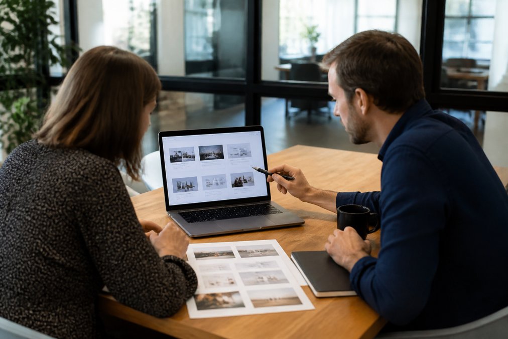 Business owner meeting with web developer at desk, reviewing website mockups and design concepts on laptop screen in modern office with natural lighting