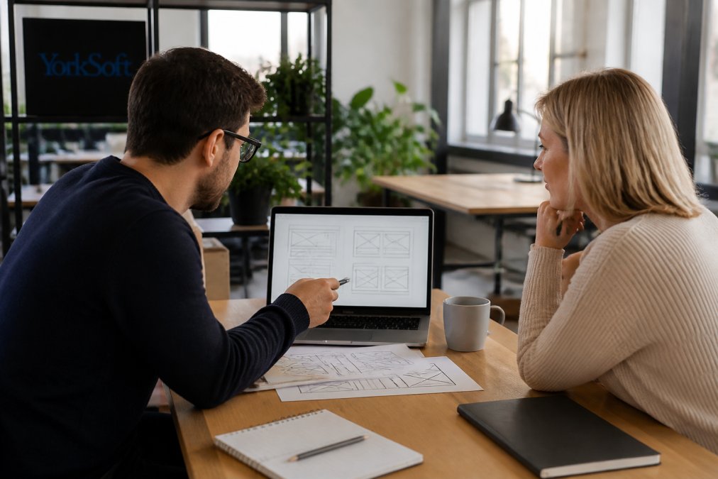 A web designer and a Southampton business client reviewing wireframes together on a laptop screen in a modern, bright studio office