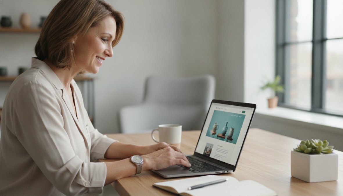 Ondernemer die glimlacht terwijl hij een professionele website bekijkt op een laptop aan een strak, modern bureau, met warme kantoorverlichting op de achtergrond