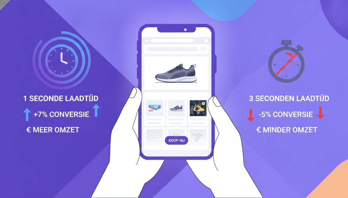 Close-up van handen die een smartphone vasthouden met een snel ladende webshop op het scherm, inclusief een duidelijk zichtbare koopknop, scherp en helder belicht