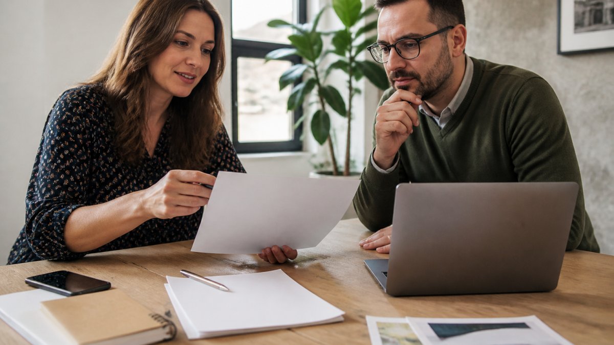 A business owner and a web designer reviewing a printed project brief across a desk in a bright office, laptop open between them