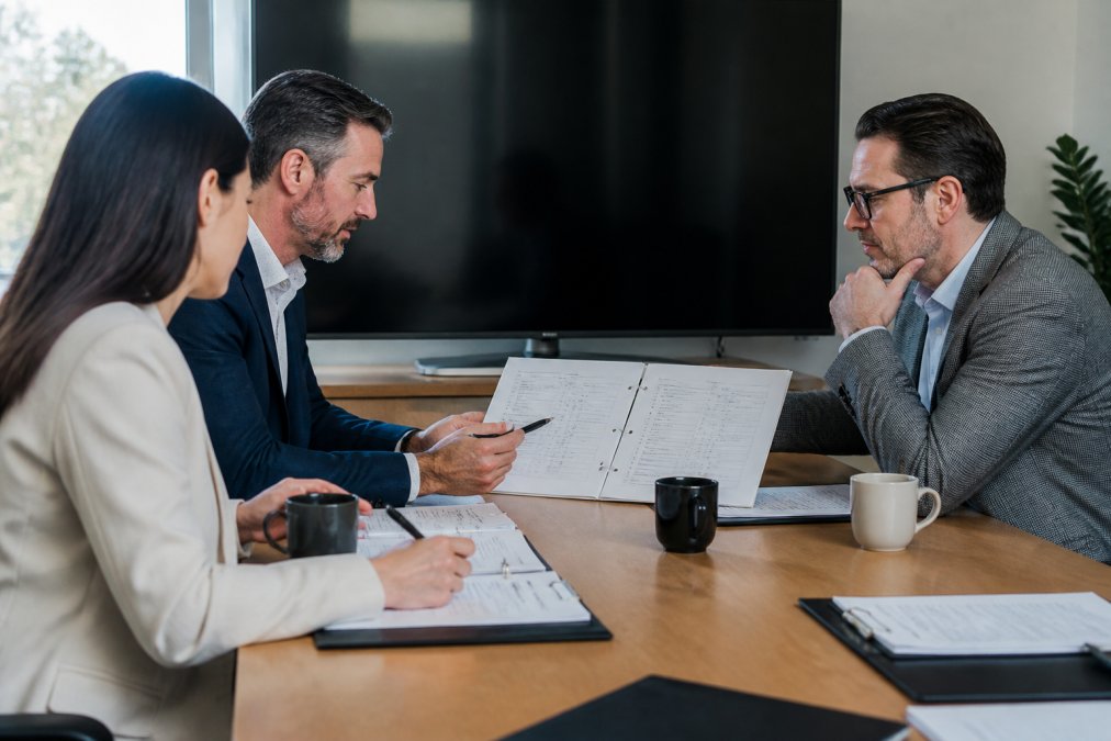 A mid-market operations team reviewing a vendor comparison on a large monitor in a bright conference room, with printed checklists and coffee cups on the table
