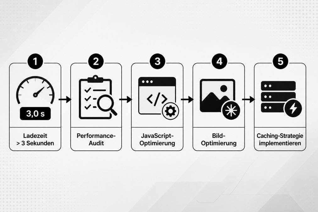 Flowchart mit Diagnose-Entscheidungsbaum für technische Konversionsprobleme: Ladezeit über 3 Sekunden → Performance-Audit starten → JavaScript-Optimierung → Bildoptimierung → Caching-Strategie implementieren