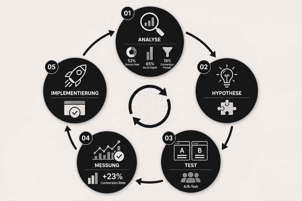 Kreislauf der Conversion-Optimierung in fünf Schritten: 1. Analyse (Bounce Rate, Scroll Depth, Conversion Funnel), 2. Hypothese (Problem identifizieren), 3. Test (A/B-Test durchführen), 4. Messung (Ergebnisse auswerten), 5. Implementierung (Gewinner live schalten)