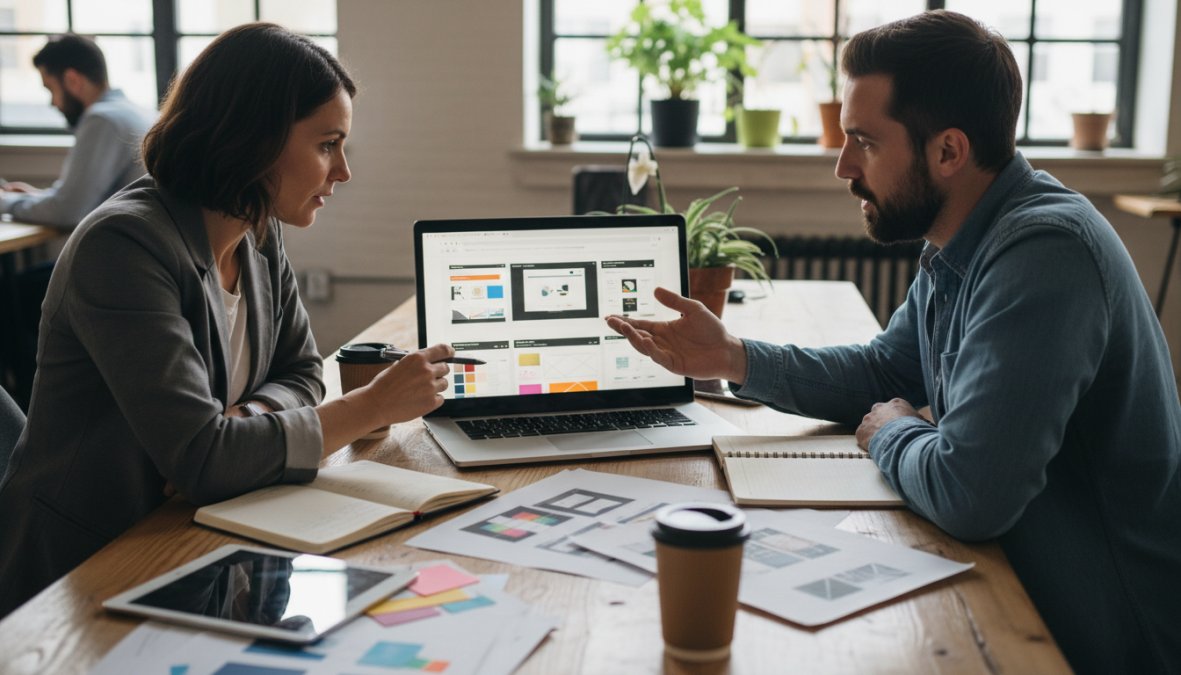 Een kleine ondernemer en een webdesigner zitten samen aan een bureau en bekijken website-mockups op een laptopscherm in een moderne, lichte werkruimte met notitieblokken en koffiekopjes op tafel