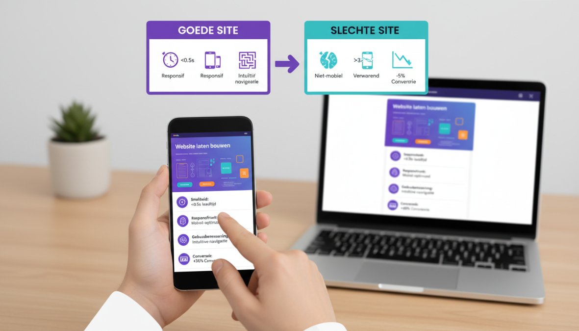 Close-up van een persoon die door een strakke, moderne website scrolt op een smartphone, met een laptop op de achtergrond die dezelfde site toont op een houten bureau bij daglicht