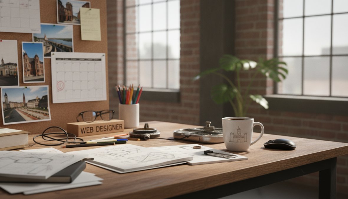 Webdesigner en ondernemer in gesprek aan bureau met laptop, notities en koffie, heldere kantooromgeving met natuurlijk licht