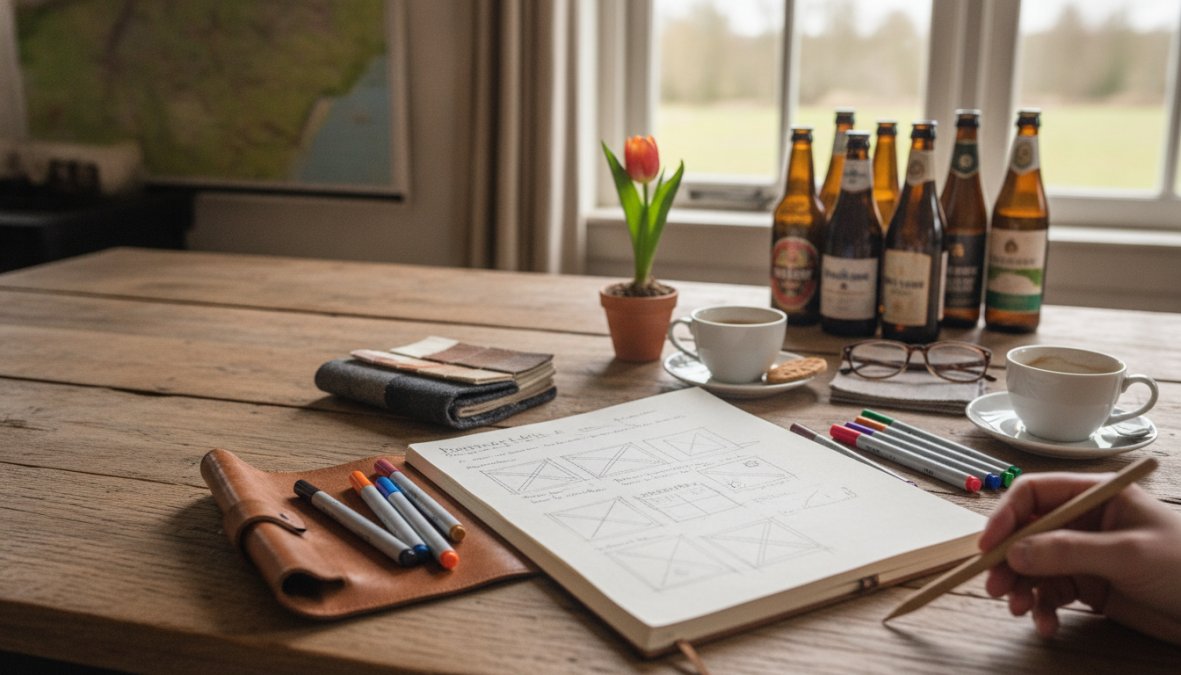 Webdesigner en klant in overleg aan een bureau met laptop, wireframes en notities zichtbaar, natuurlijke kantoorverlichting