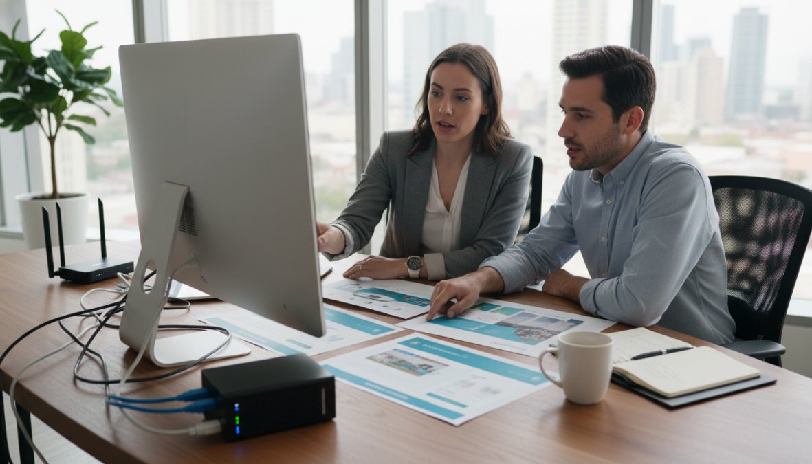 A professional web designer and a client sitting side by side at a large monitor reviewing a clean modern website design together in a bright contemporary office, both engaged and pointing at the screen