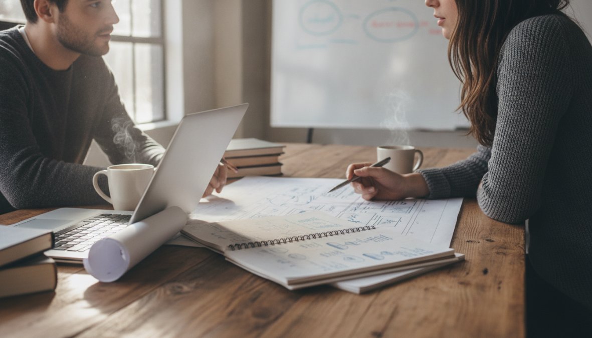 Ondernemer en webdesigner bespreken strategie voor website laten maken MKB aan een bureau met laptop en koffie.