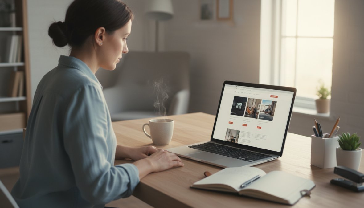 Een kleine ondernemer zit achter een laptop aan een opgeruimd bureau en bekijkt een nieuw gebouwde website, koffie en notitieboekje naast zich