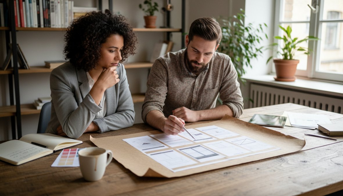 Een zzp'er in gesprek met een webdesigner aan een tafel, beiden kijken naar een scherm met een websiteontwerp in een lichte, moderne kantoorruimte